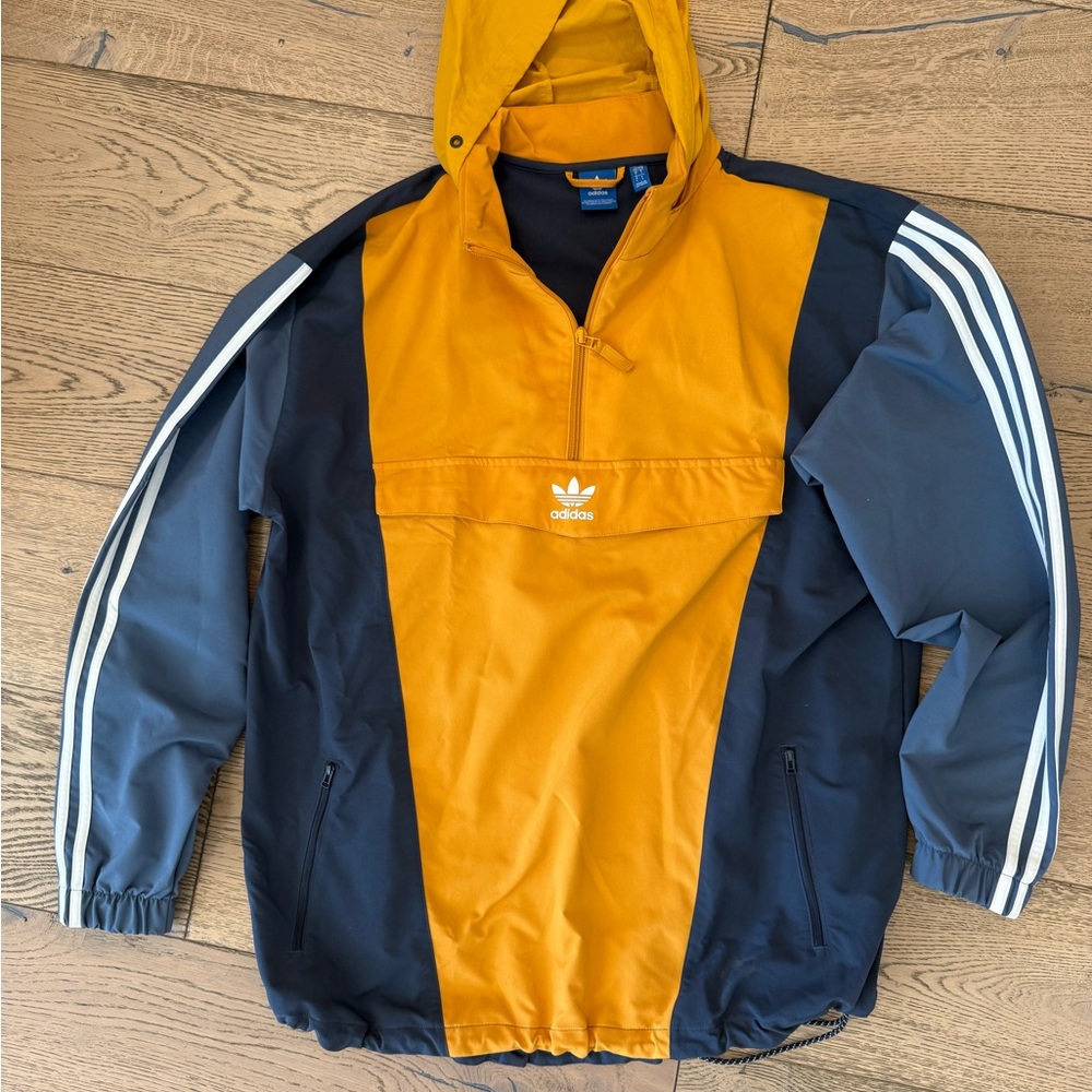 Adidas Windbreaker Jacket Full Zip Lightweight 3 Stripe Blue Yellow  hooded L